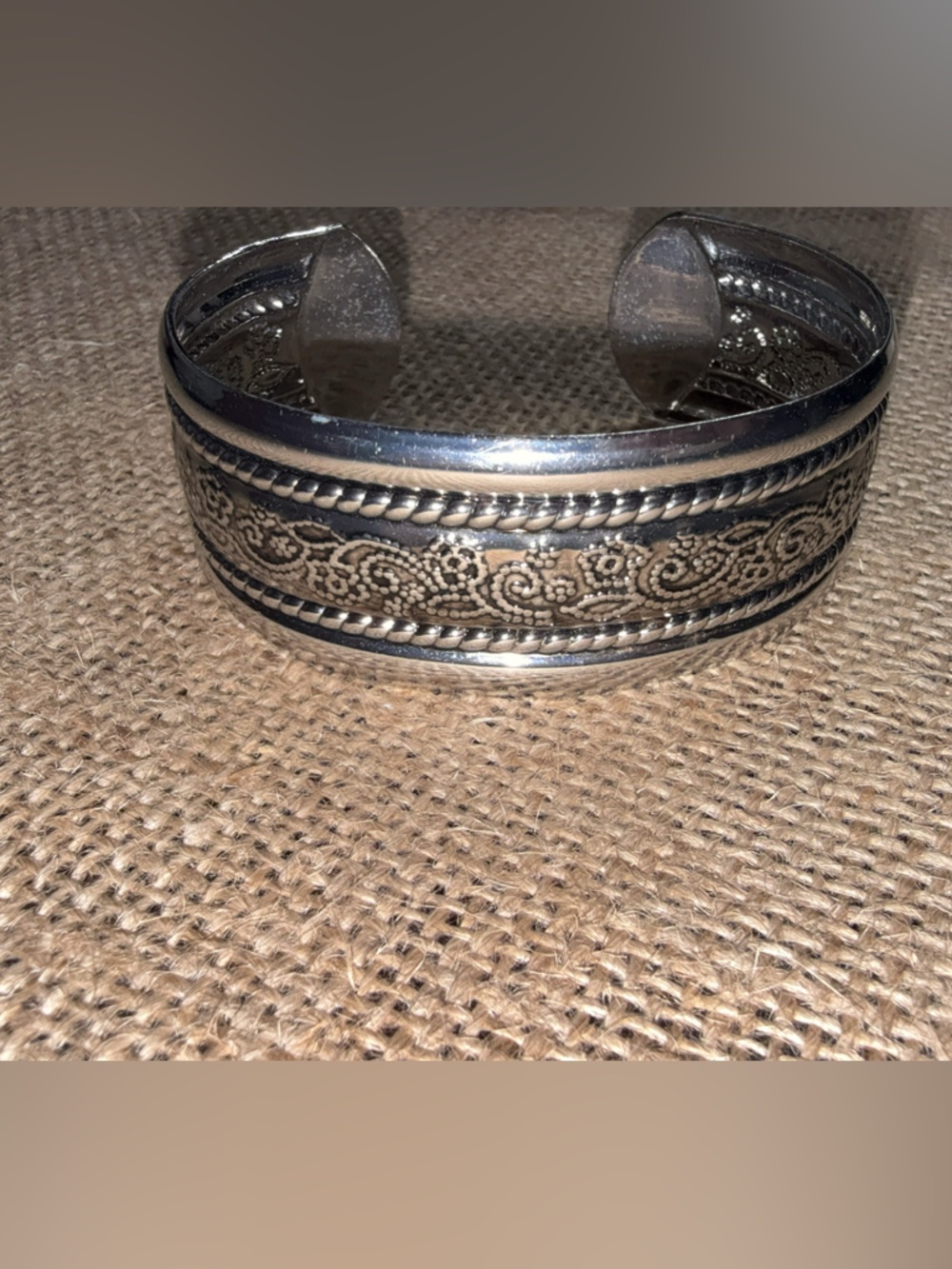 Stamped Floral Pattern Silver Toned Cuff Bracelet